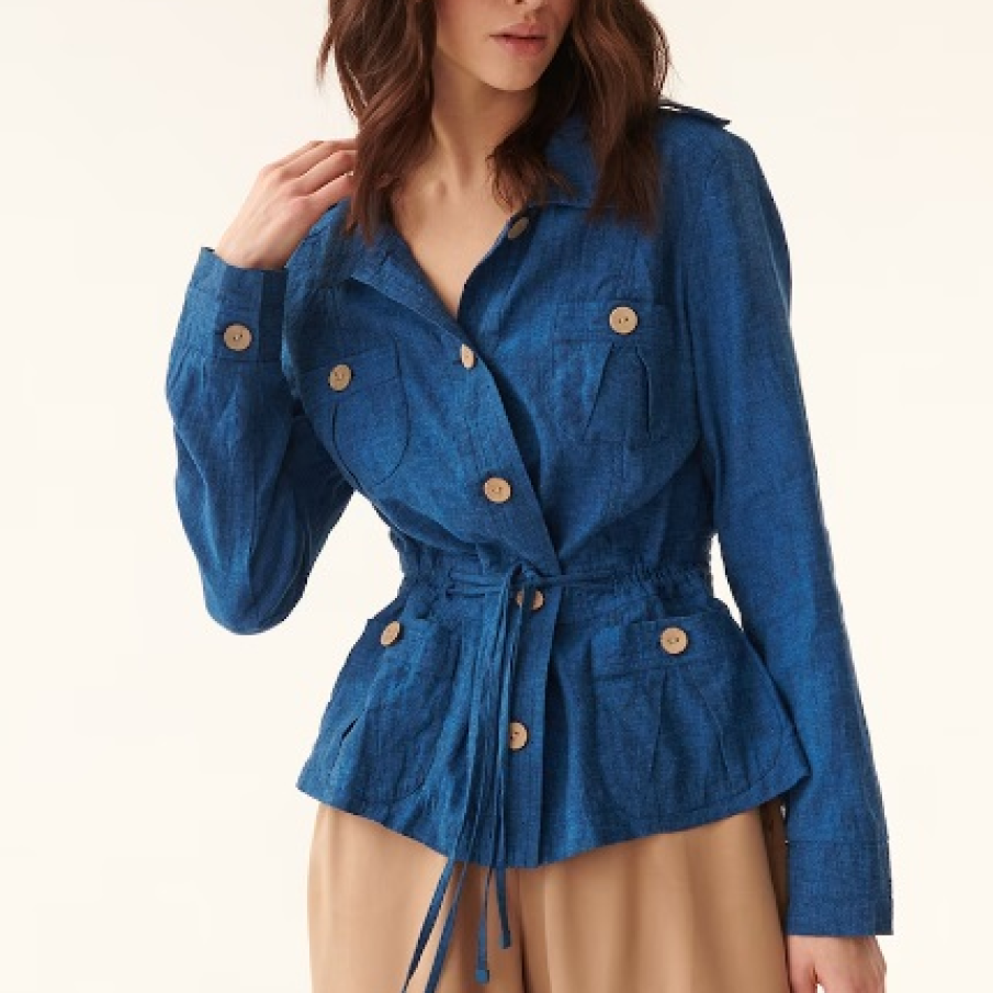 Jachetă albastru profund de la Tatuum, din amestec de in, cu cordon în talie și 4 buzunare 