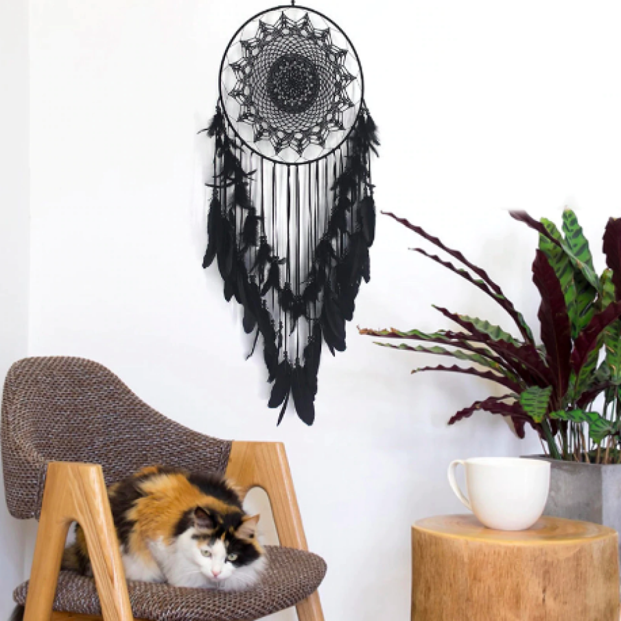 Dream Catcher BOHO Decorațiune perete din Macrame Rotund cu pene negre, Textil, Negru