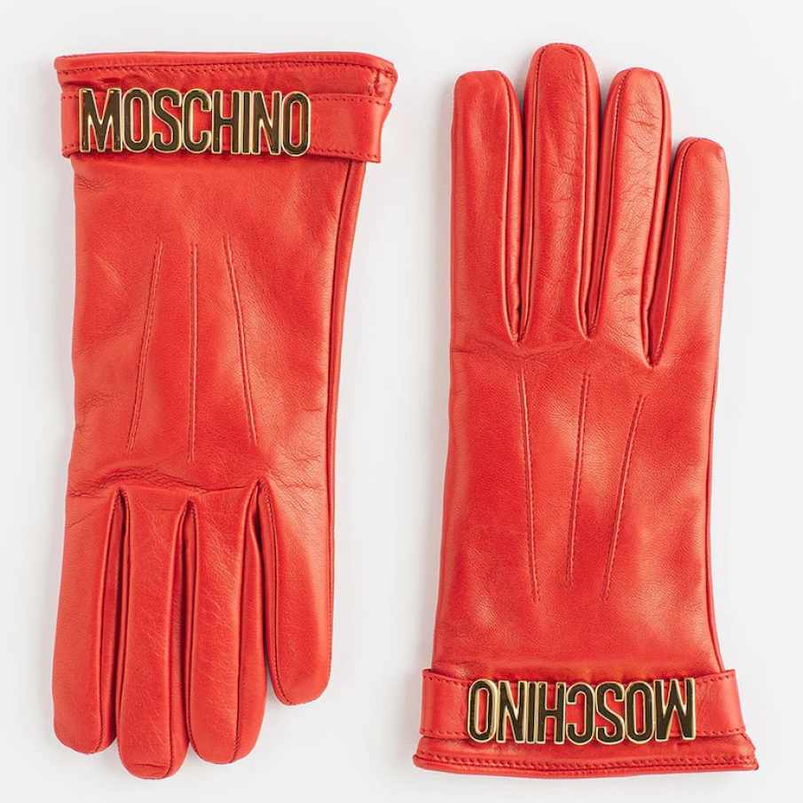 Mănuși roșii din piele by Moschino, cu aplicație metalică tip logo 