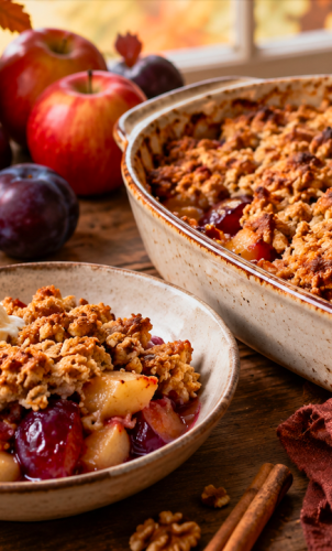 Crumble cu prune, mere și nuci: desertul crocant de toamnă care se pregătește în 15 minute și apoi intră la cuptor