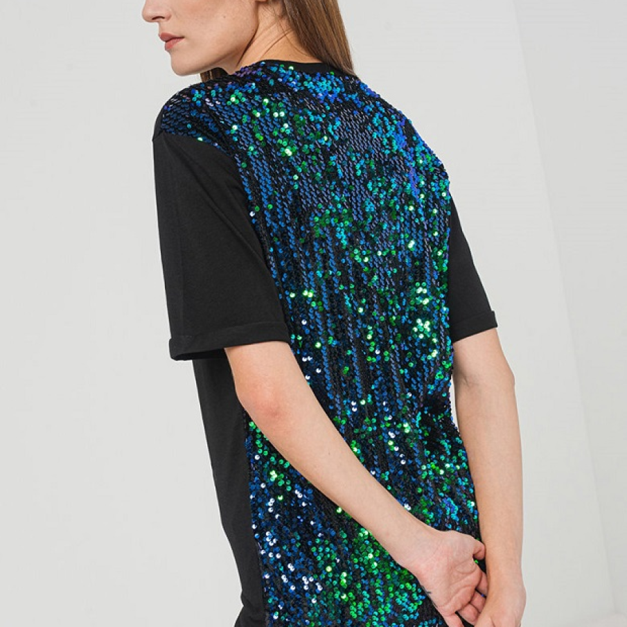 Bluza de jerseu cu paiete pe spate în nuanțe de albastru închis, verde electric, negru