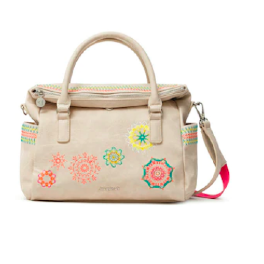 DESIGUAL, Geantă din piele ecologică cu baretă de umăr și broderii mandala, Maro nisip/oranj/galben