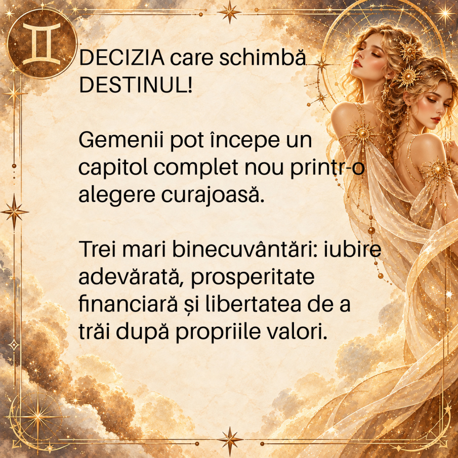 Zodia GEMENI intră într-un nou capitol al destinului! O DECIZIE neașteptată le poate aduce iubire, bani și libertate