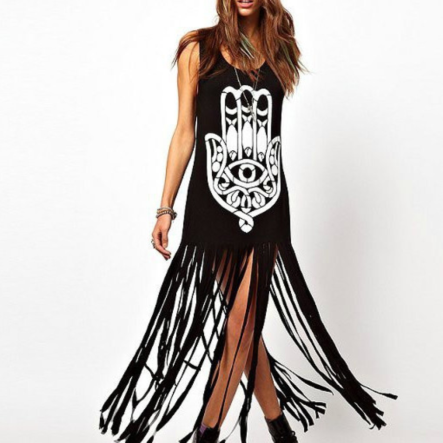 Rochie cu Franjuri Imprimeu Hamsa
