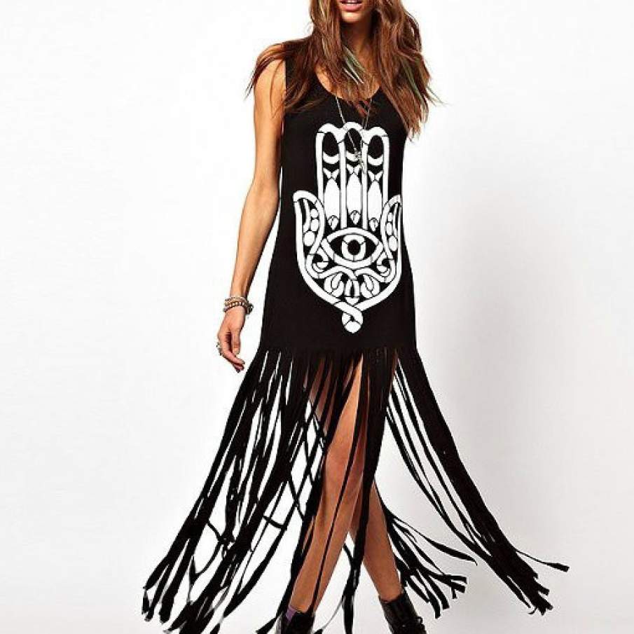 Rochie cu Franjuri Imprimeu Hamsa