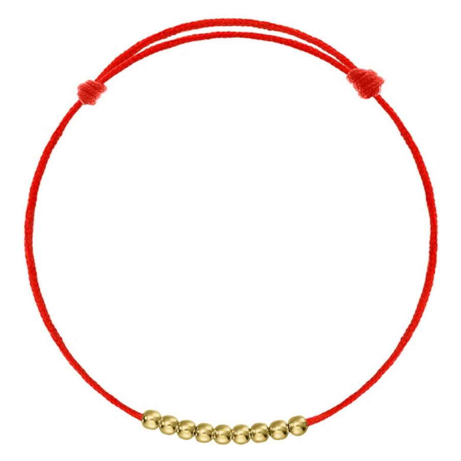 Brățara ajustabilă din material textil roșu, decorată cu mărgele aliniate din aur 