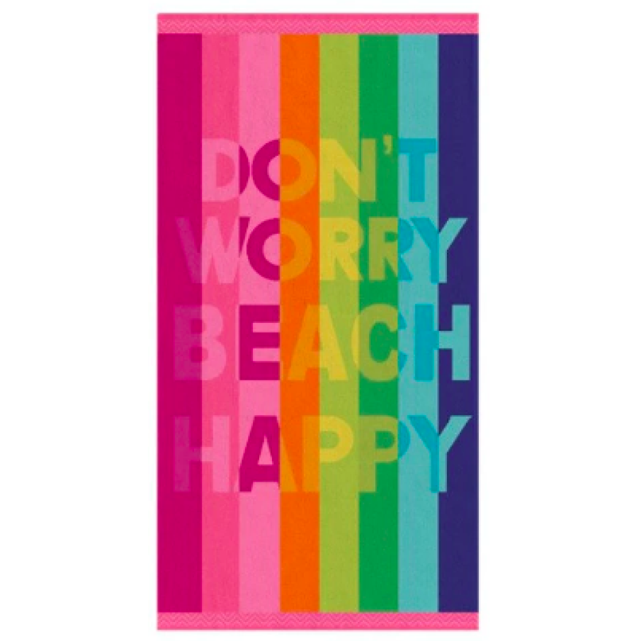 Prosop de plajă unisex, 150 x 75 cm, bumbac, imprimeu vărgat, cu mesaj, multicolor
