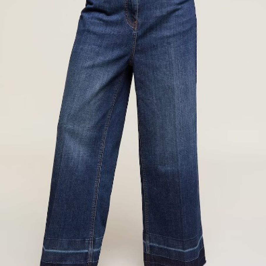 Blugi ampli albastru închis, de la Motivi, cu terminație franjurată și picior larg 