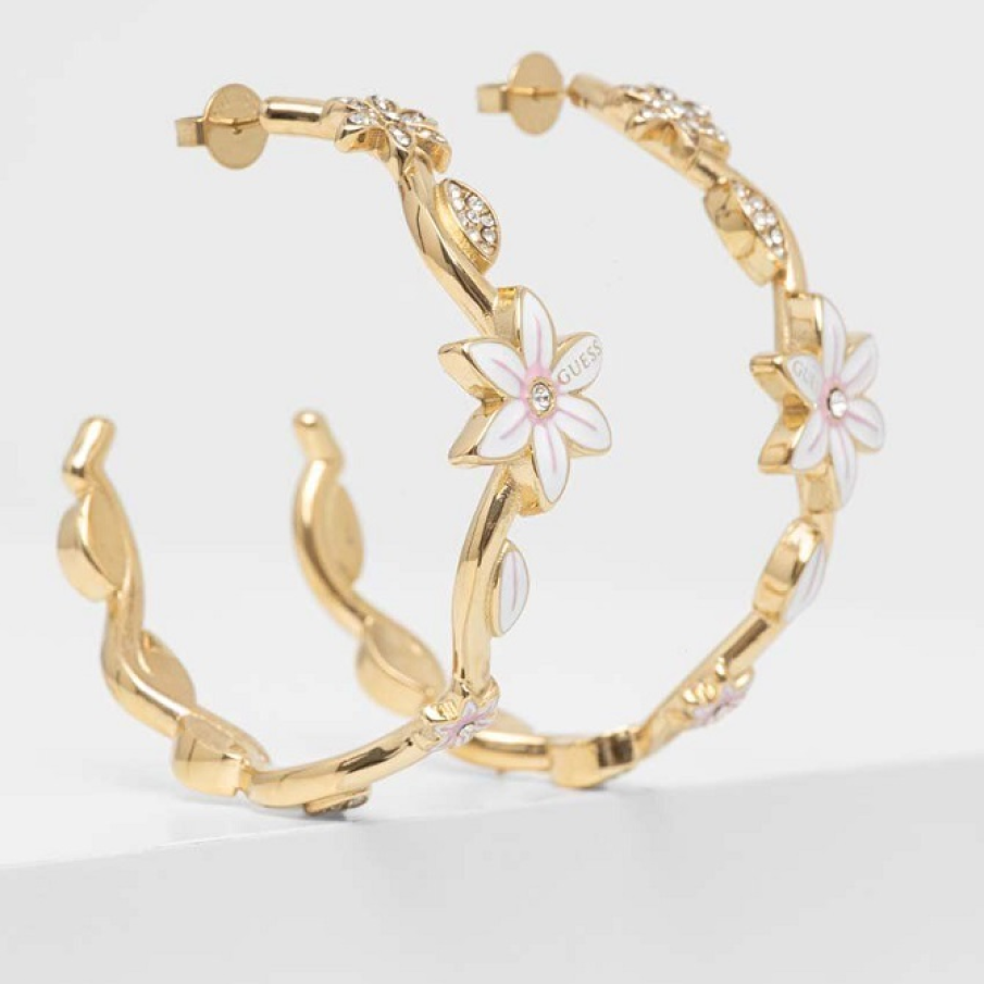 Cercei din colecția Guess cu elemente decorative și motive florale, confecționati din oțel inoxidabil