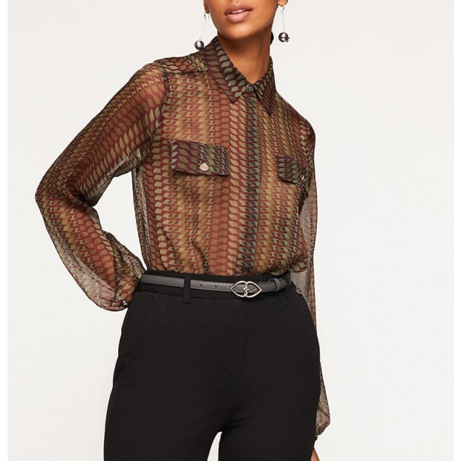 Cămașă Motivi semi-transparentă, în nuanță de caramel, cu buzunare pe piept și imprimeu abstract 