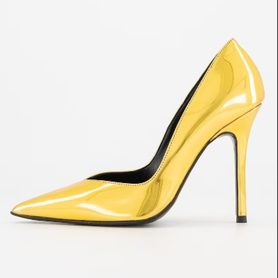 Pantofi stiletto JUST CAVALLI, cu toc înalt, din piele ecologică, în nuanță de galben cu reflexe metalice intense 