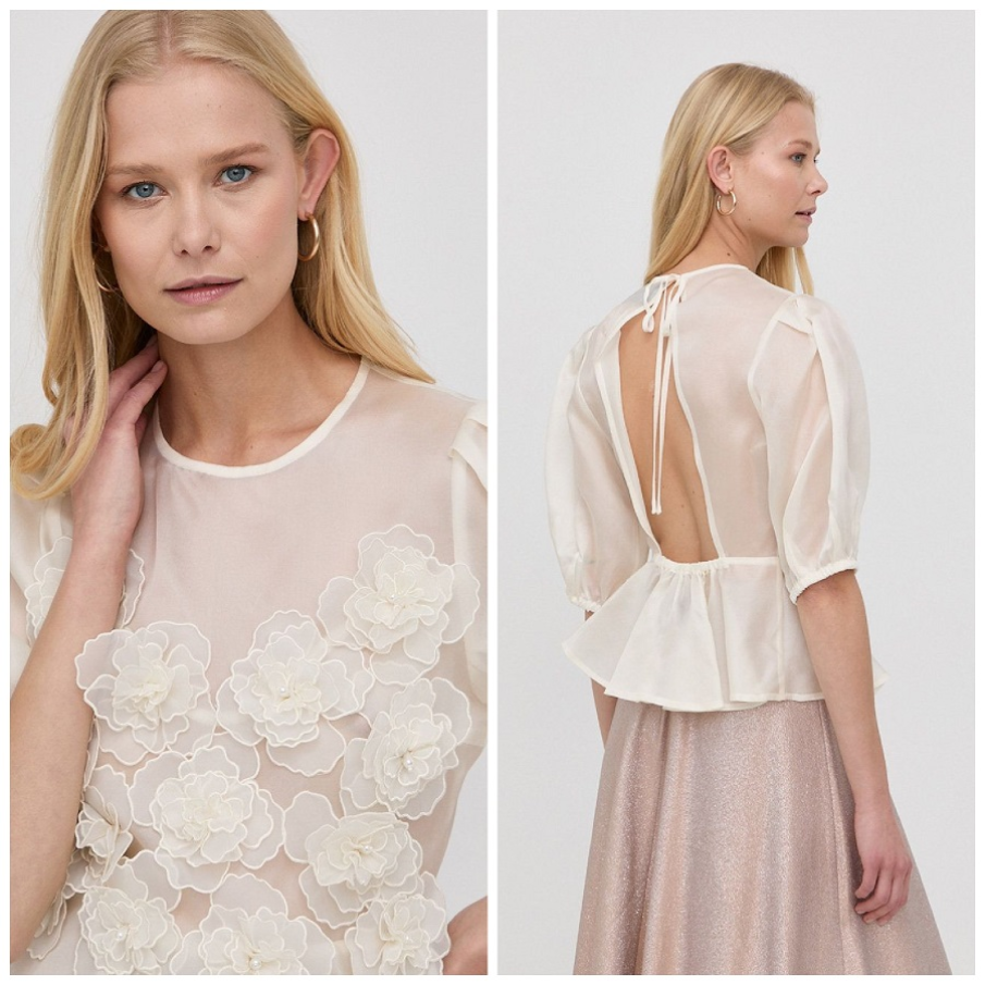 Bluza diafană de mătase Custommade, cu aplicații decorative, volane și spatele parțial gol