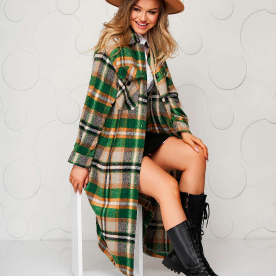 Trench verde casual din material pufos în carouri cu un croi drept