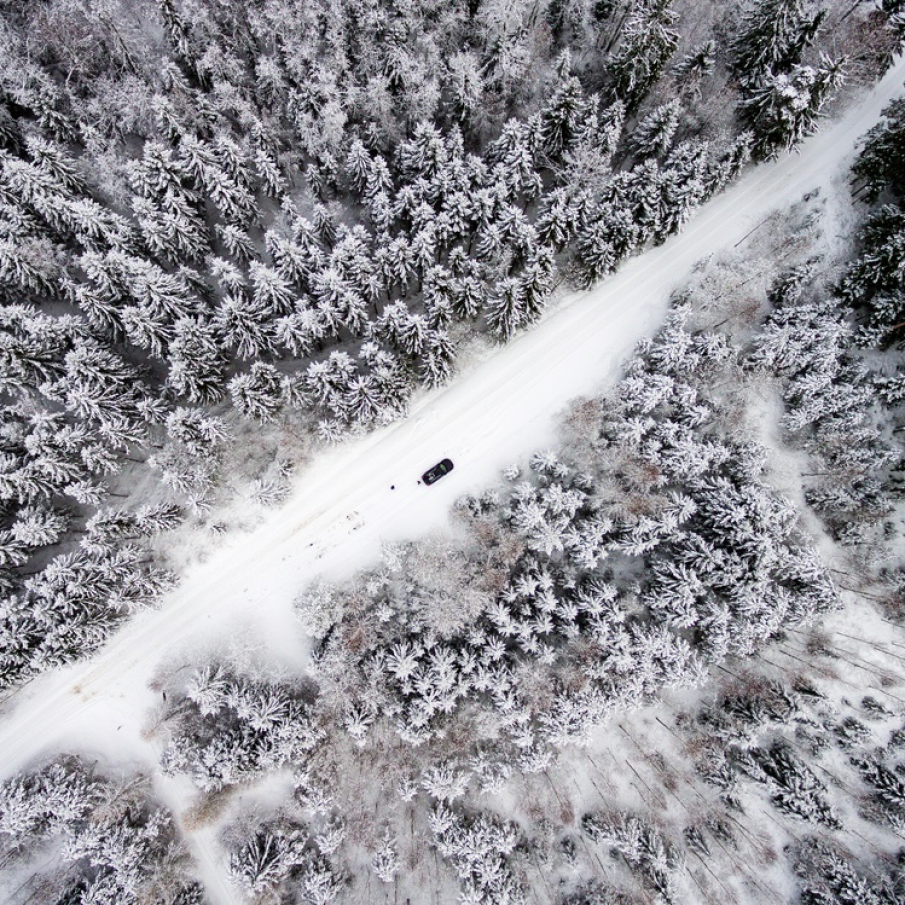 Mașină în mișcare pe un drum de pădure. Imagine surprinsă din dronă