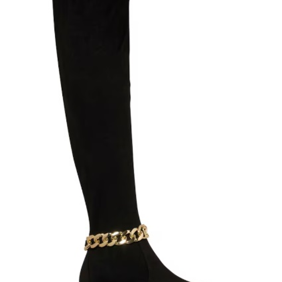 Cizme lungi negre Liu Jo, peste genunchi, cu toc mediu și gros, stabil,  cu detalii de lanț auriu și strălucitor care înconjoară glezna 