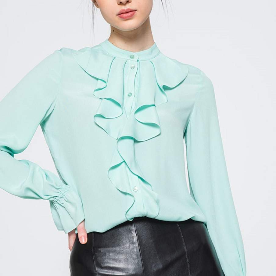 Cămașă Max&Co verde light uni cu volane, din amestec de mătase 