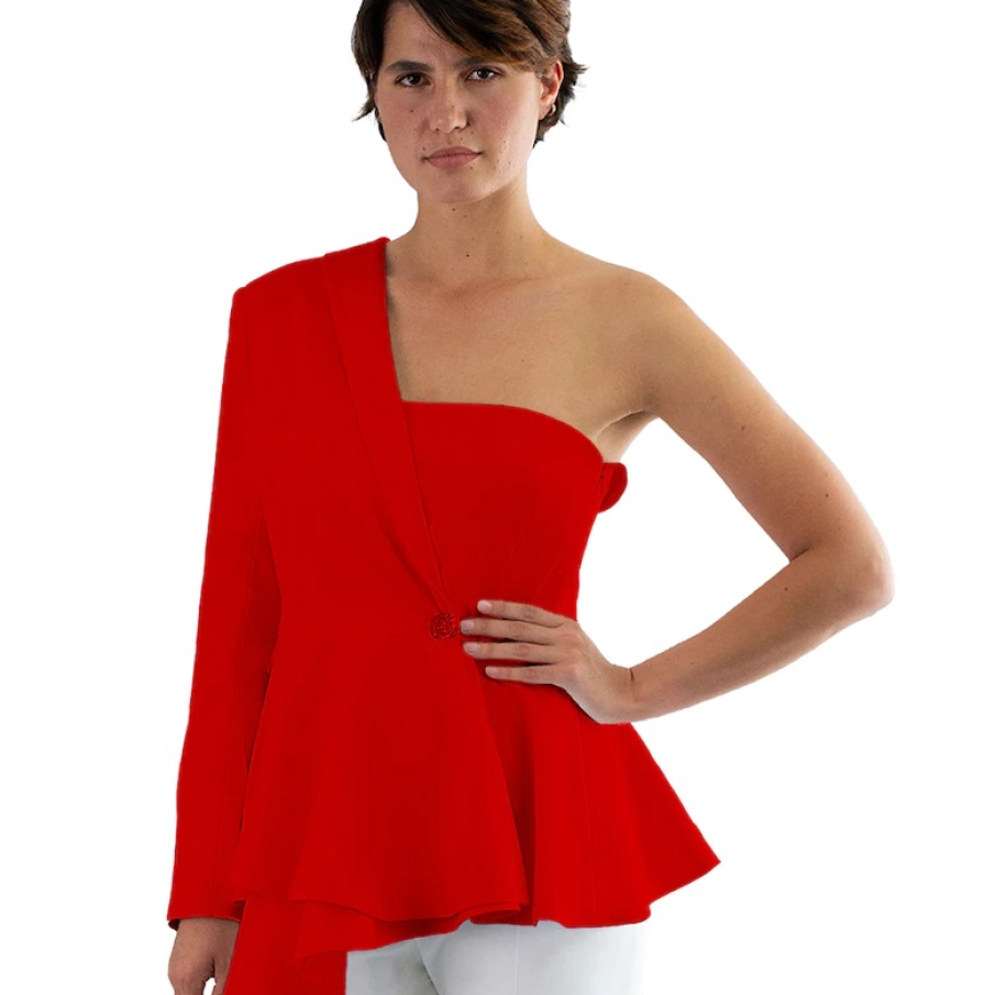 Bluza roșu verimillion în stil peplum, asimetrică, cu decolteu pe un umăr