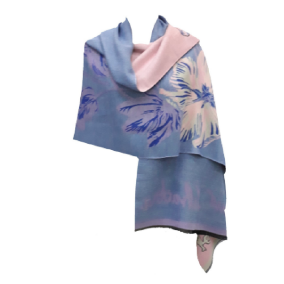 Șal damă, cu două fețe, albastru/roz, model floral, dimensiune 190x65 cm