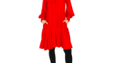Rochie trei sferturi , OUIMEHNON, cu volan plisat și eșarfă, roșie