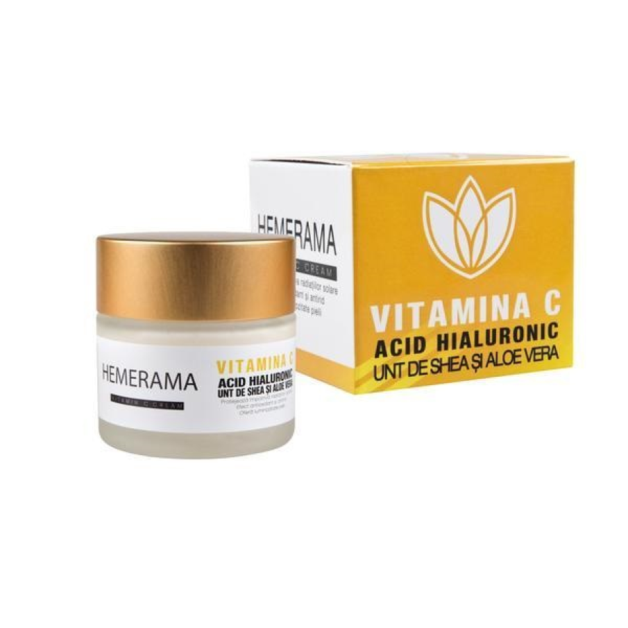 Crema de zi pentru față Hemerama cu vitamina C, Acid Hialuronic și Aloe vera. Lasă pielea ai elastică, mai fermă, având totodată un efect de lifting imediat și durabil