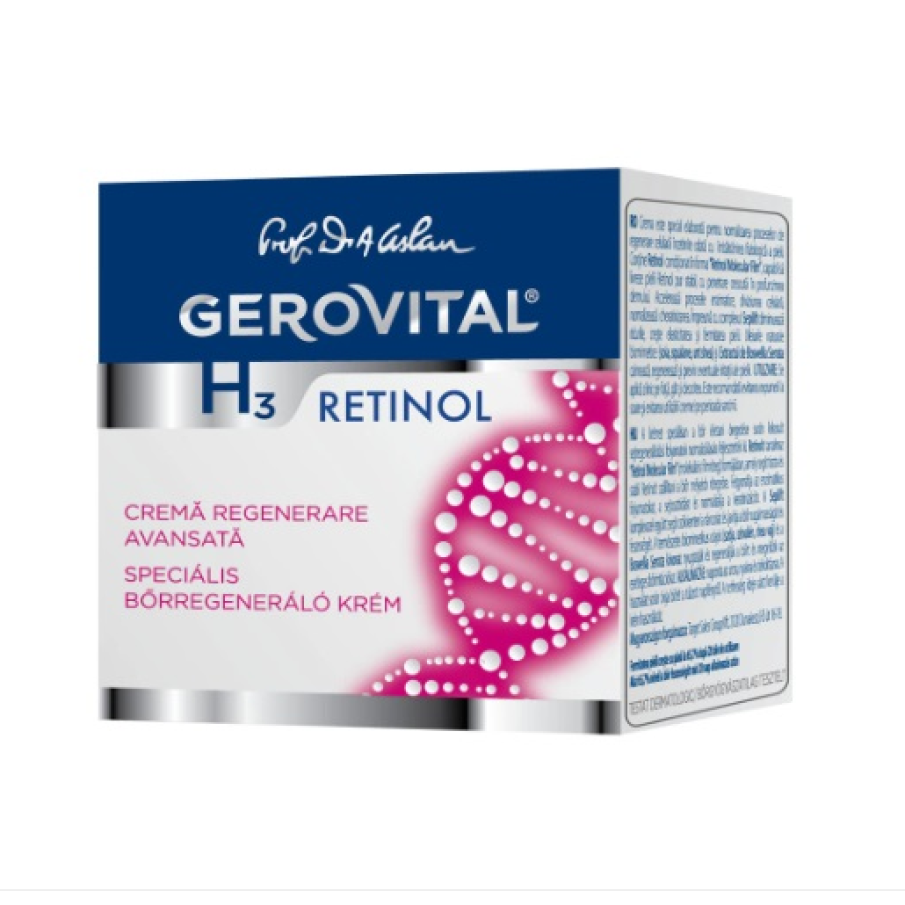 Crema Gerovital H3 Retinol regenerare avansată conține Retinol condiționat în forma Retinol Molecular Film. Normalizează procesele de regenerare celulară încetinite odată cu îmbătrânirea fiziologică a pielii