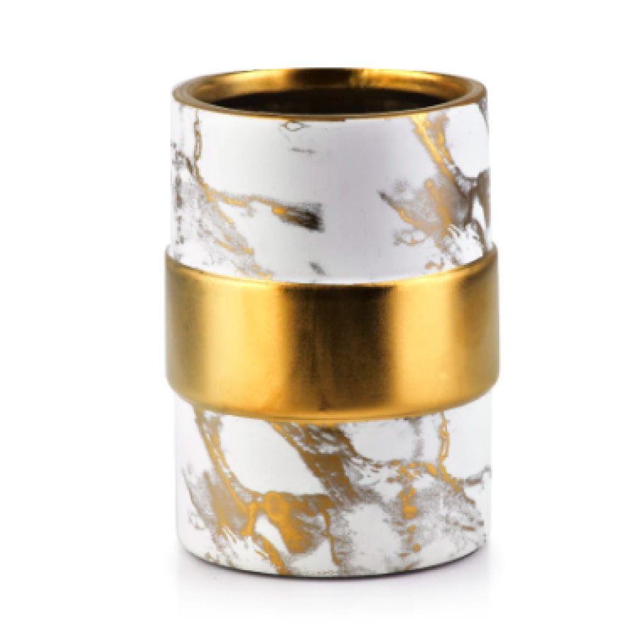 Vază din ceramică decorativă, Mondex, 11x15.5cm, Alb/Auriu