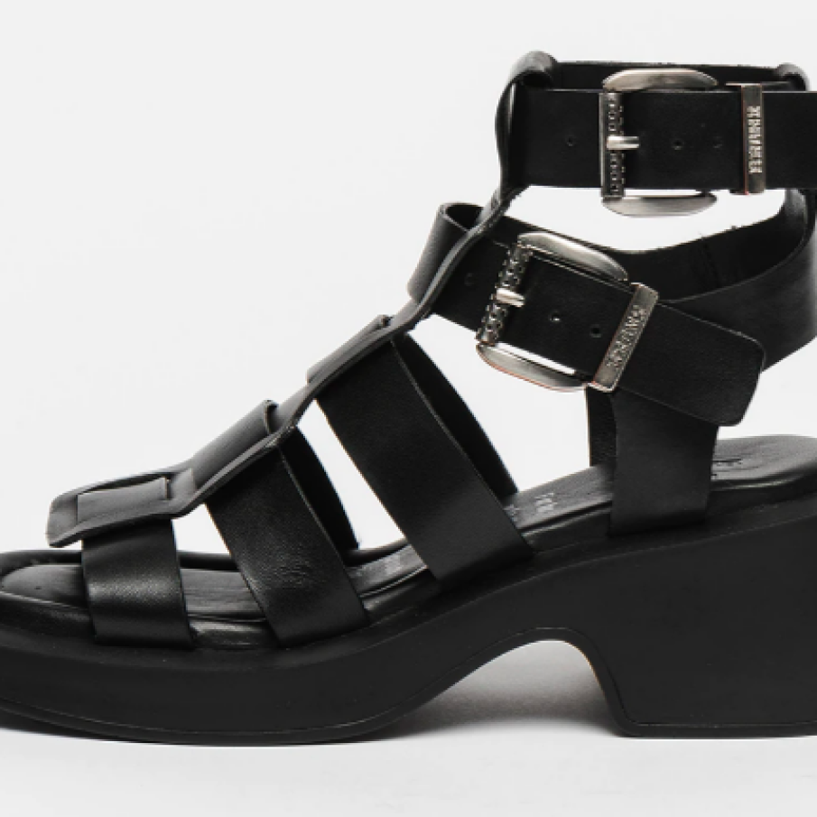 Bronx, Sandale demiwedge de piele Vintage Oily, Negru