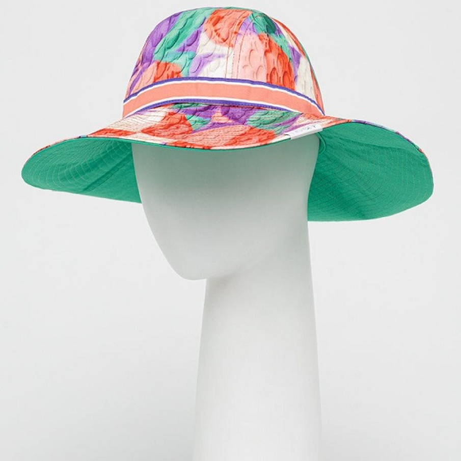 Pălărie Roxy multicoloră, cu boruri interioare de culoare turcoaz, confecționată 100% din material natural - bumbac.