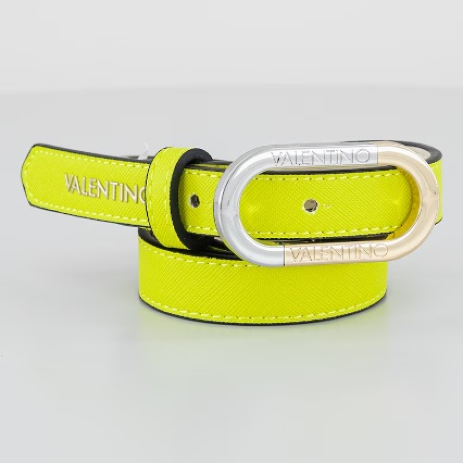 Curea din piele ecologică cu nituri, în nuanță de galben lime, by Valentino Bags 