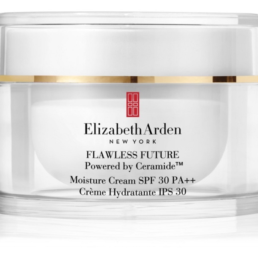 Cremă hidratantă cu ceramide Flawless Future de la Elizabeth Arden. Este formulată cu ceramide pentru a îmbunătăți tonusul pielii și cu SPF 30 pentru protecție  împotriva razelor nocive ale soarelui.