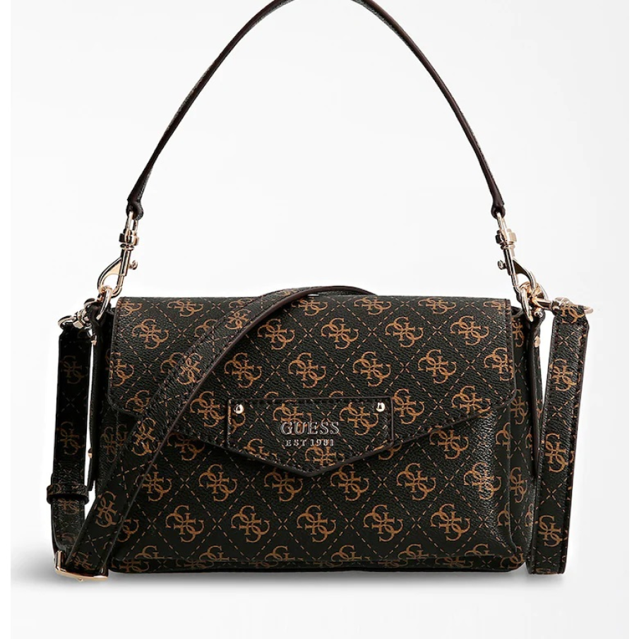 Geanta de piele ecologica Guess, de umar, in nuanta de ocru si imprimeu maro deschis 