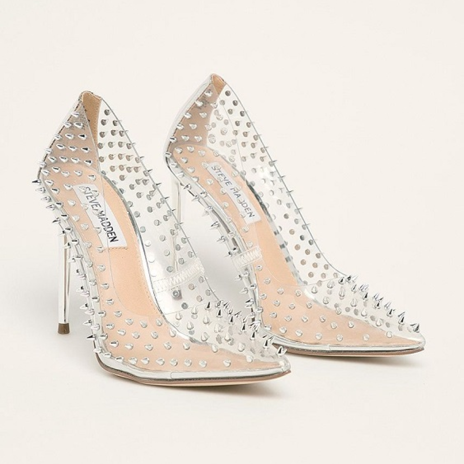 Pantofi cu toc Steve Madden confecționați din material sintetic, transparent, ornat cu mici decorațiuni metalice