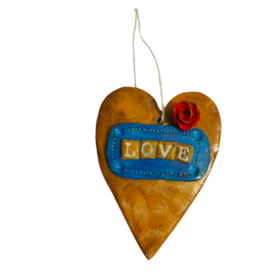 Inimă cu model lucrată din lut cu uscare la aer, simbol dragoste cu trandafir roșu, 09x13cm 