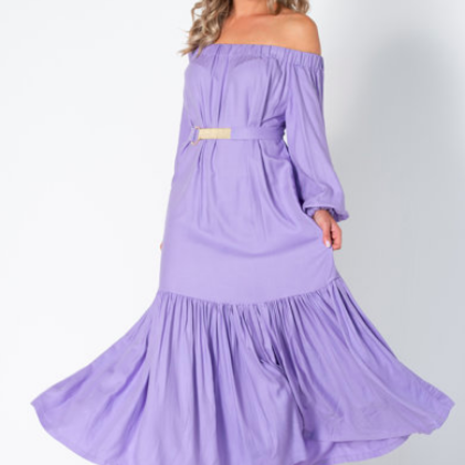 Rochie maxi cu decolteu pe umeri si volane