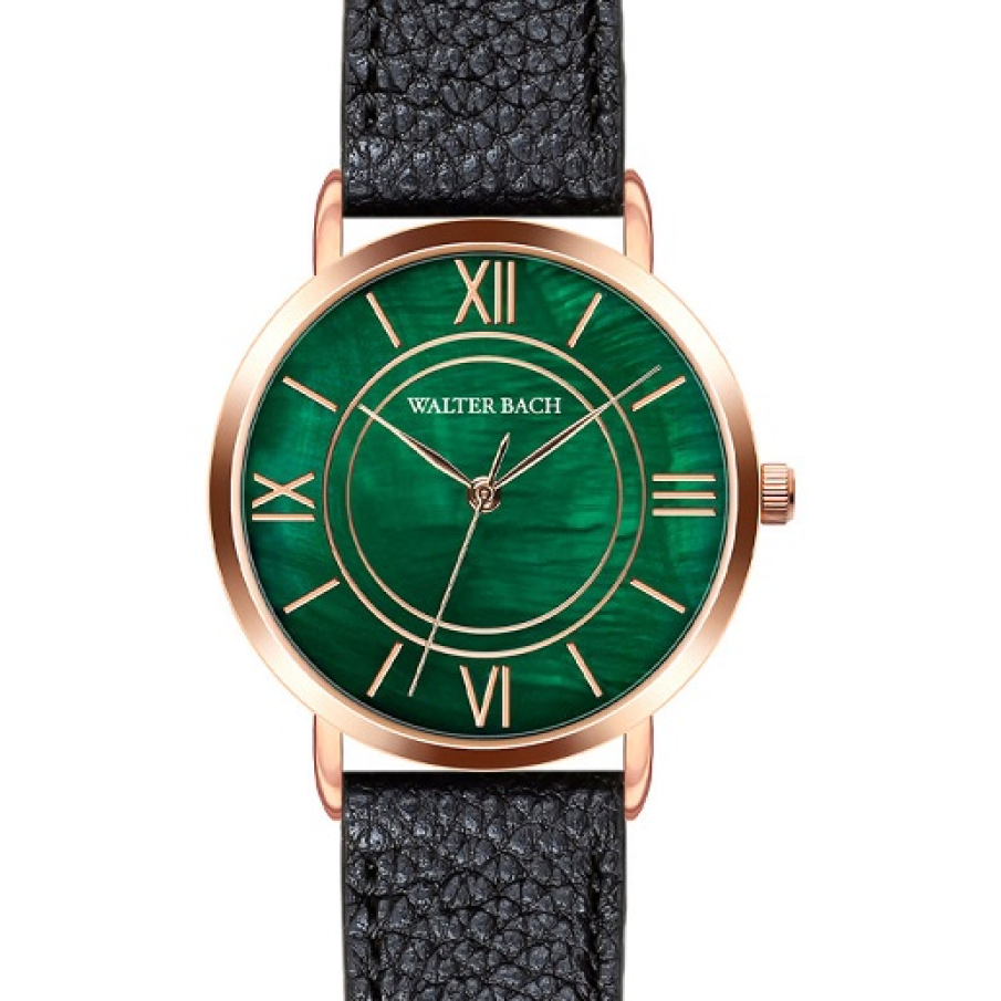 Ceas Walter Bach cu mecanism quartz, având curea neagră din piele și un superb cadran în verde smarald 