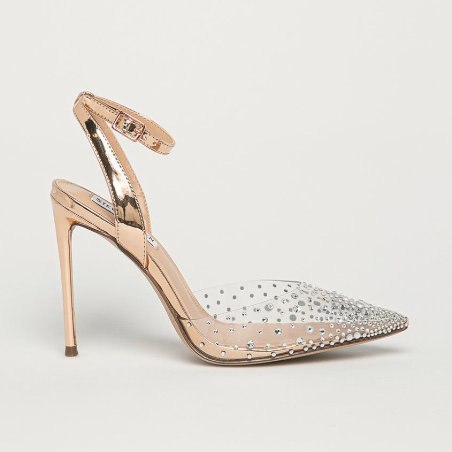 Pantofi cu toc Steve Madden, demni de o adevărată prințesă, ce combină bejul, auriul, transparențele și ștrasurile sclipitoare pentru un efect wow, de strălucire