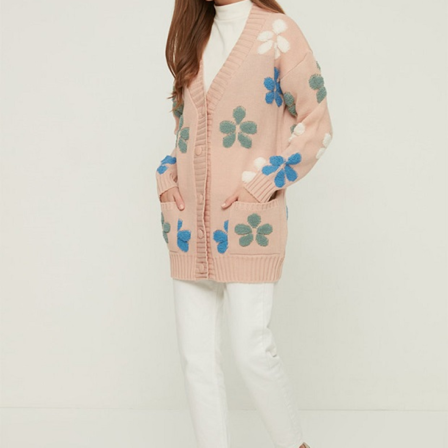 Cardigan cu decolteu în V și nasturi, în model floral