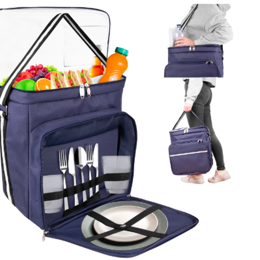 Geantă Termoizolantă pentru Picnic/Plajă, Impermeabilă, cu Compartimente Multiple, Suport Sticle, Material Rezistent PEVA