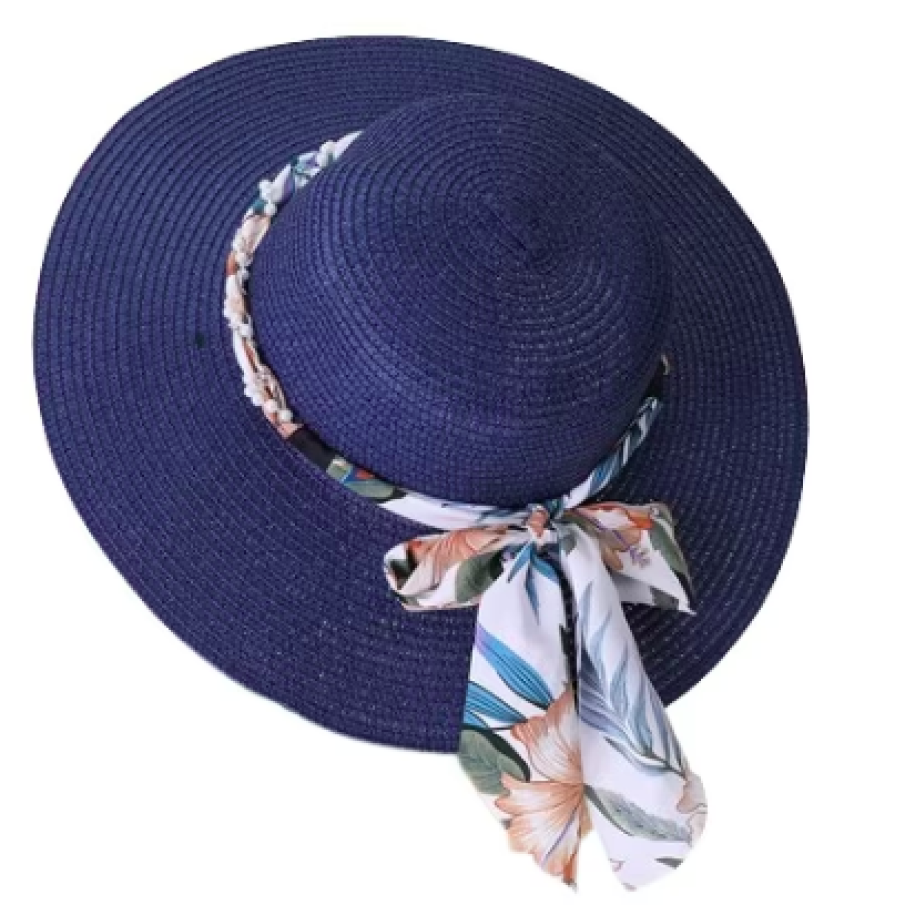 Pălărie de soare damă pentru plajă, bandă cu perle, Nevermore, Albastru închis