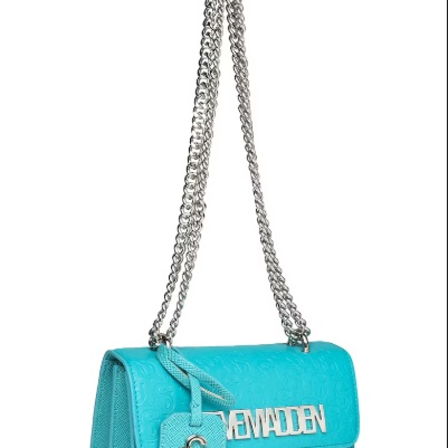 Geantă blue turcoaz tip crossbody, de piele ecologică, cu monogramă Coal și curea dublă din lanț 