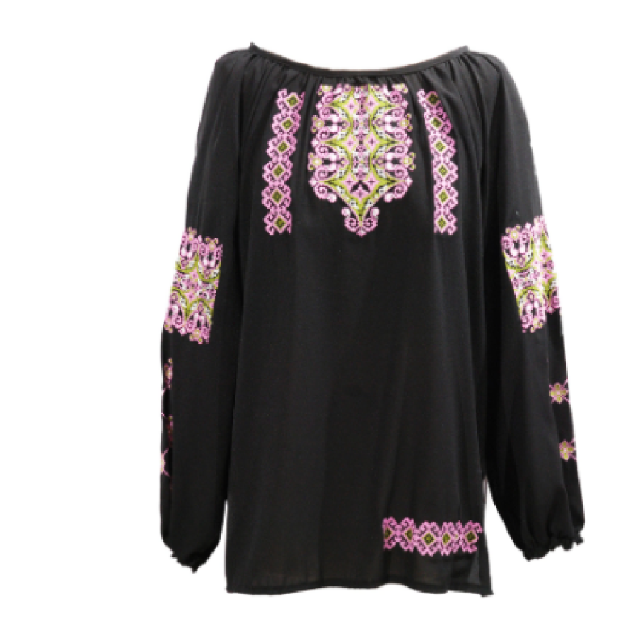 Bluza tip ie, motiv tradițional românesc brodat, negru