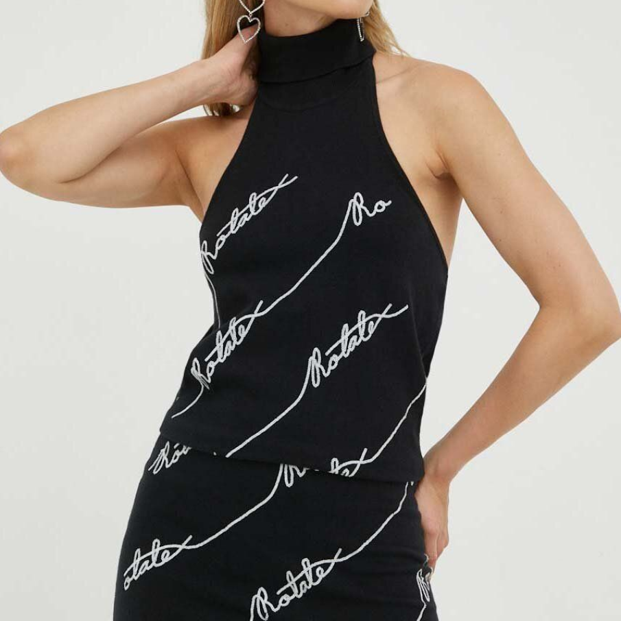 Rochie neagră mulată Rotate, cu imprimeu alb cu logo, guler tip halter și spatele gol 