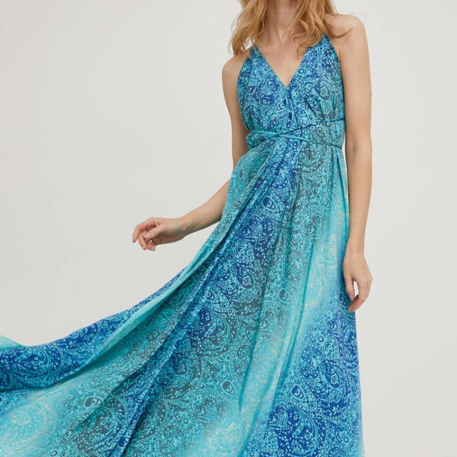 Rochie maxi cu imprimeu albastru, din mătase 70%, cu decolteu în V și spatele gol 