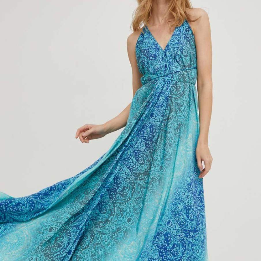Rochie maxi cu imprimeu albastru, din mătase 70%, cu decolteu în V și spatele gol 