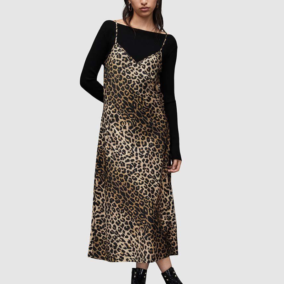 Rochie maxi cu bretele și imprimeu animal prinț și pulover AllSaints