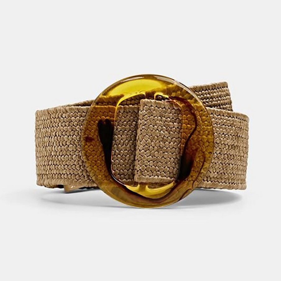 Curea lată Esprit din material sintetic, de culoare taupe, având o cataramă galbenă transparentă și rotundă. 