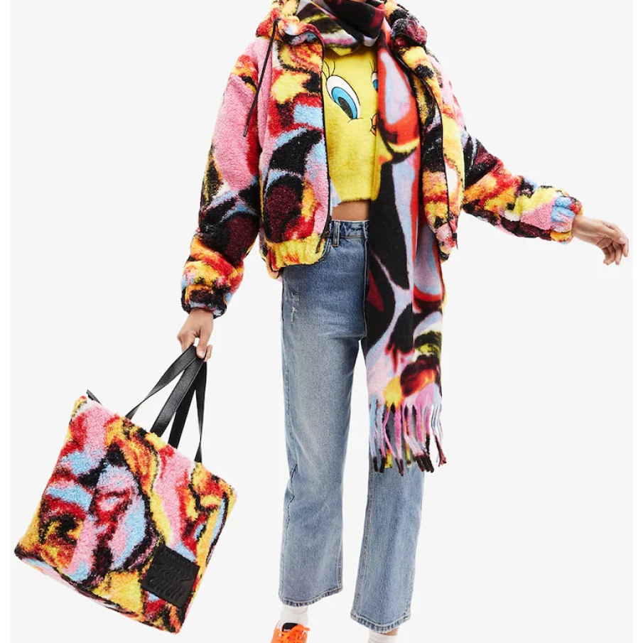 Fular circular cu imprimeu abstract multicolor cu franjuri drept terminații 