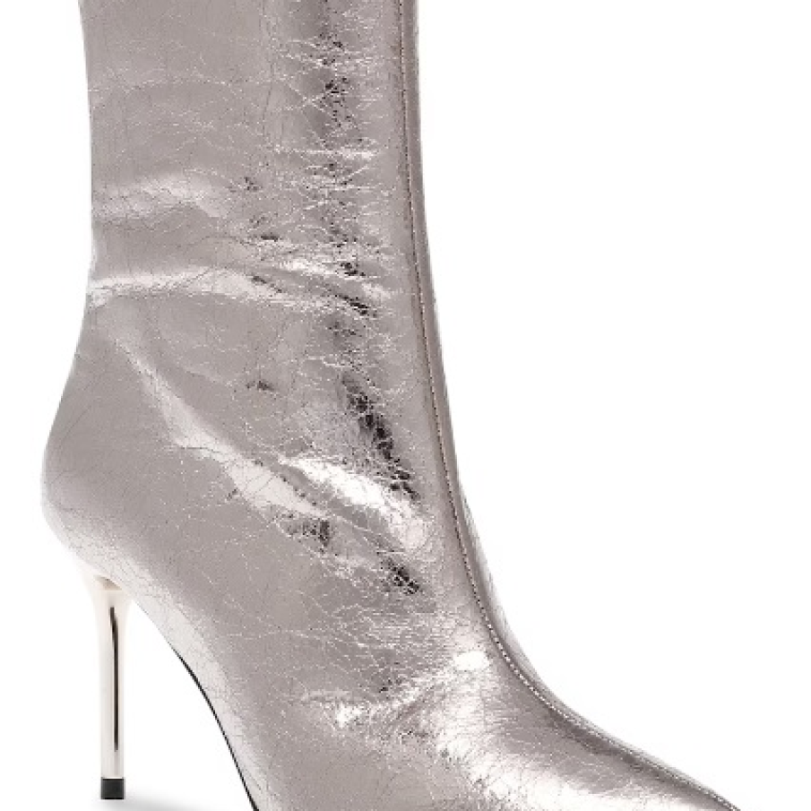 Botine fără închidere în nuanță de argintiu metalizat, cu vârf ascuțit și toc stiletto 