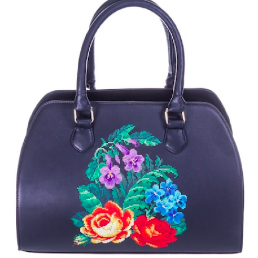 Poșetă piele neagră brodată Liza Panait I-156E