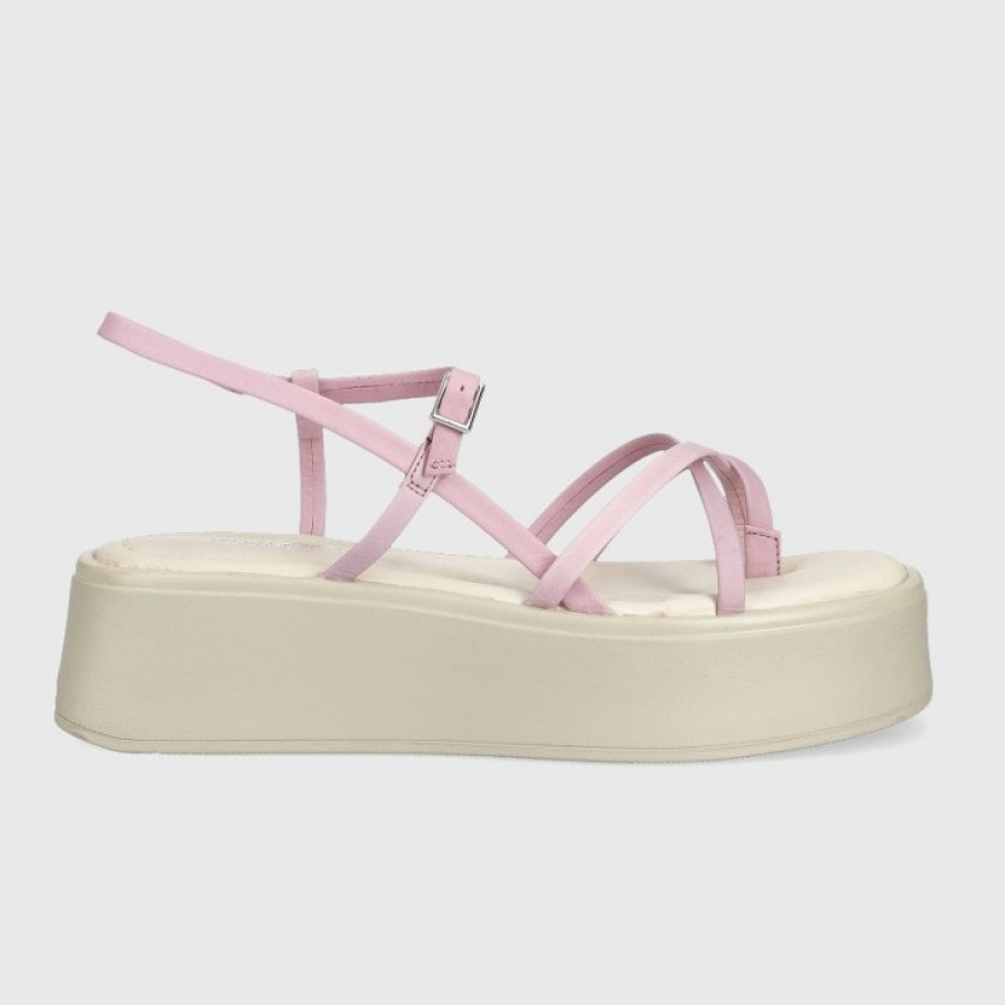 Sandale de piele Vagabond, cu talpa plată și bretele subțiri și roz. 